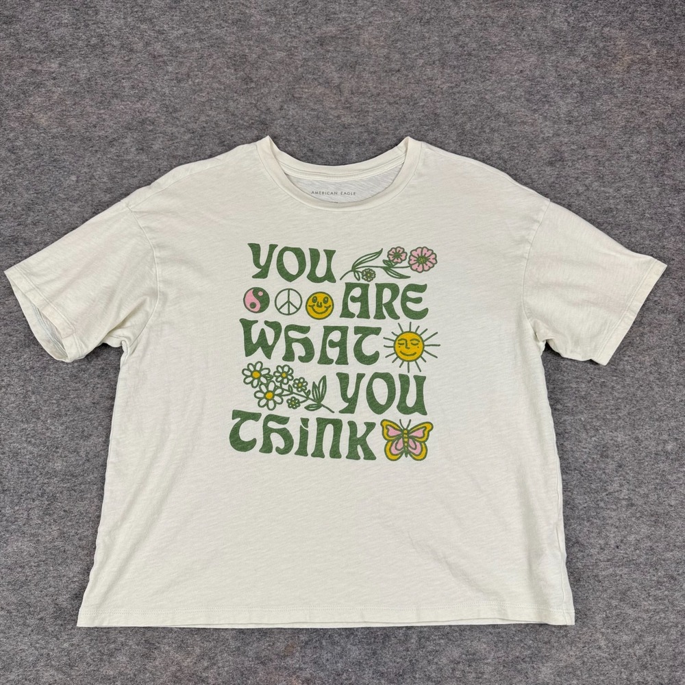 American Eagle Crop Graphic T-Shirt You Are What You Think Cream Womens Small S